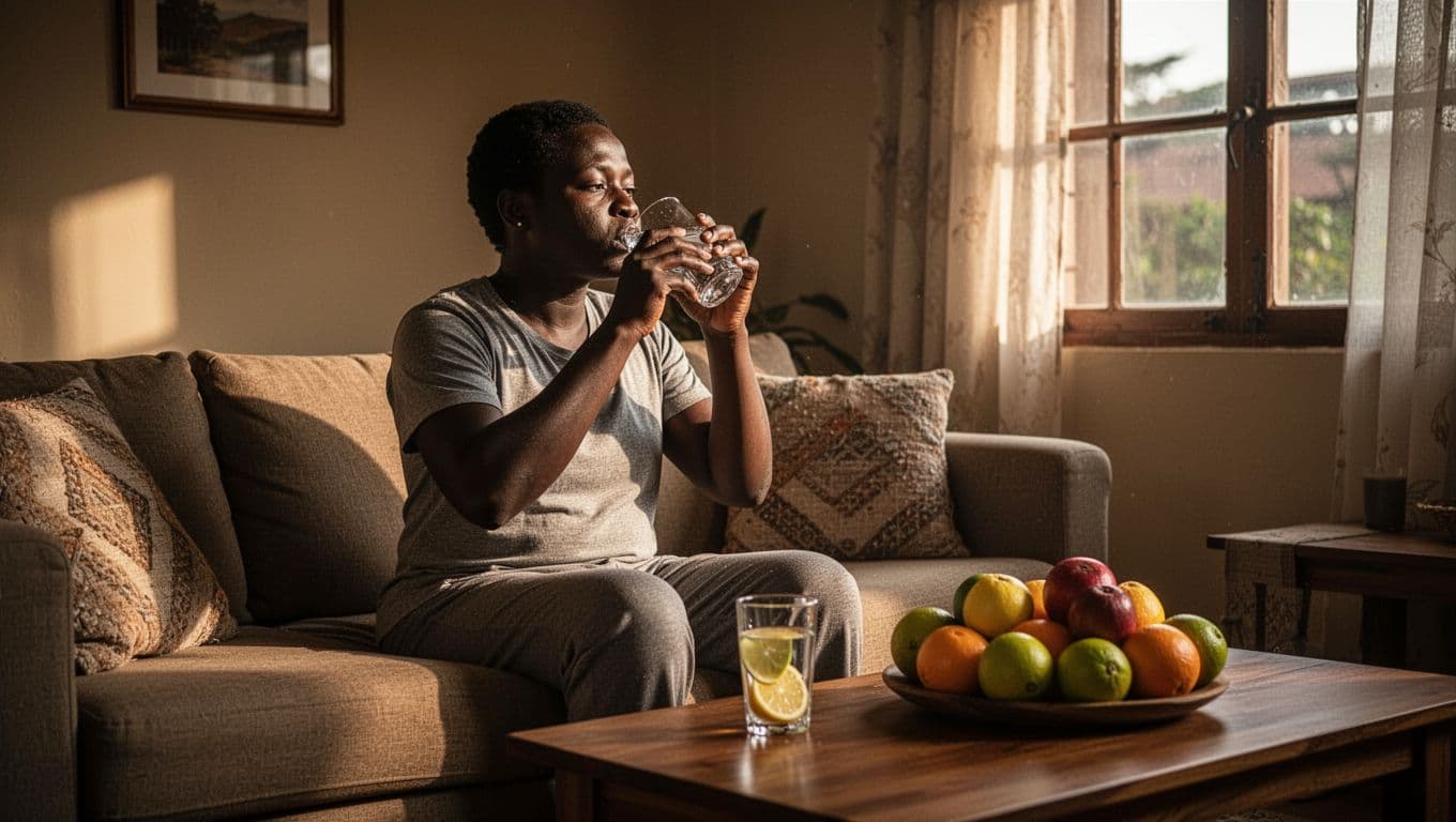 A relaxed client sits on a cozy couch in a sunlit living room, drinking water from a clear glass with fresh lemon nearby and fruits on the table, embodying simple pre-massage hydration and relaxation.