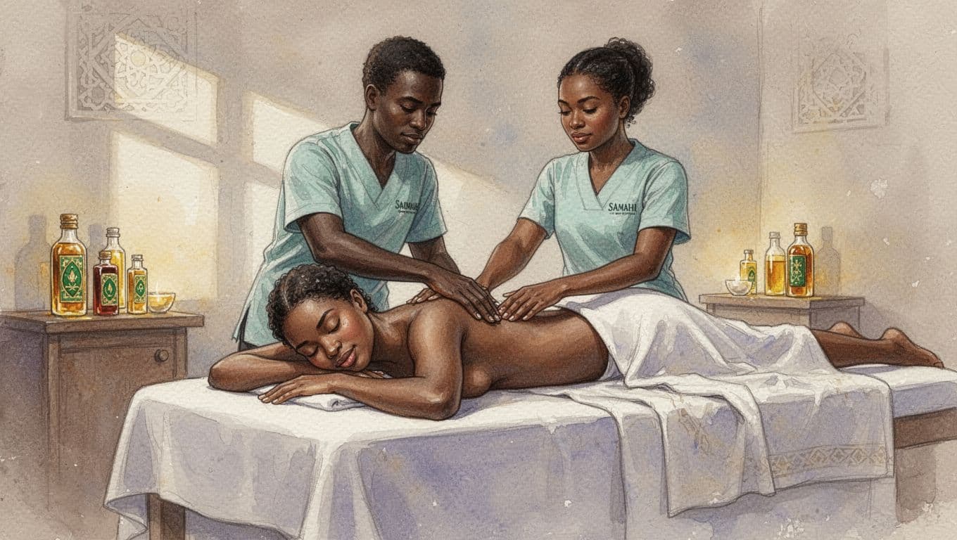 A relaxed client lies face down on the massage table during their inaugural Somali massage in a serene Nairobi spa, with the therapist consulting or applying light strokes to the shoulders. The room features soft lighting and Somali oil bottles, rendered in watercolor style with soft blending and brush textures.
