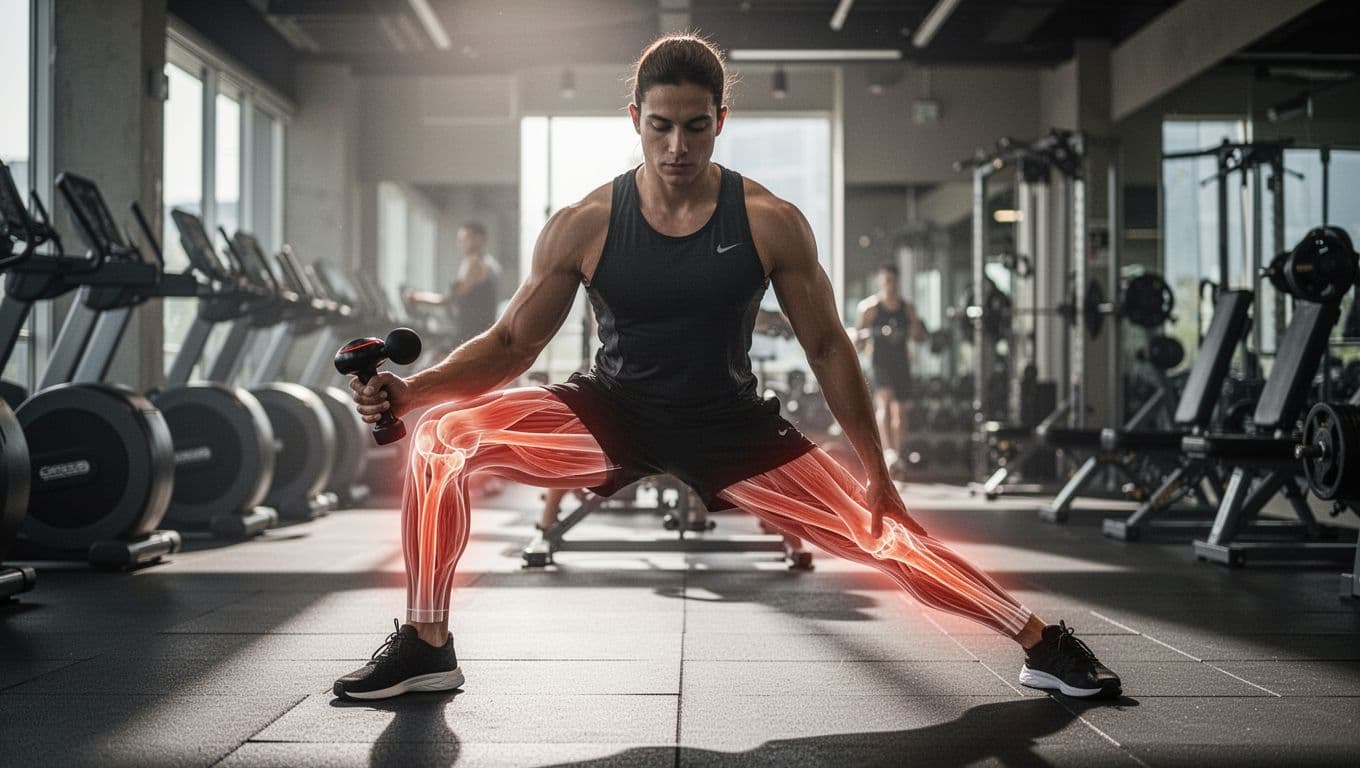 A fit person in a modern gym performs a dynamic leg stretch with a nearby massage gun, visualized pulses highlighting increased blood flow and improved joint range.