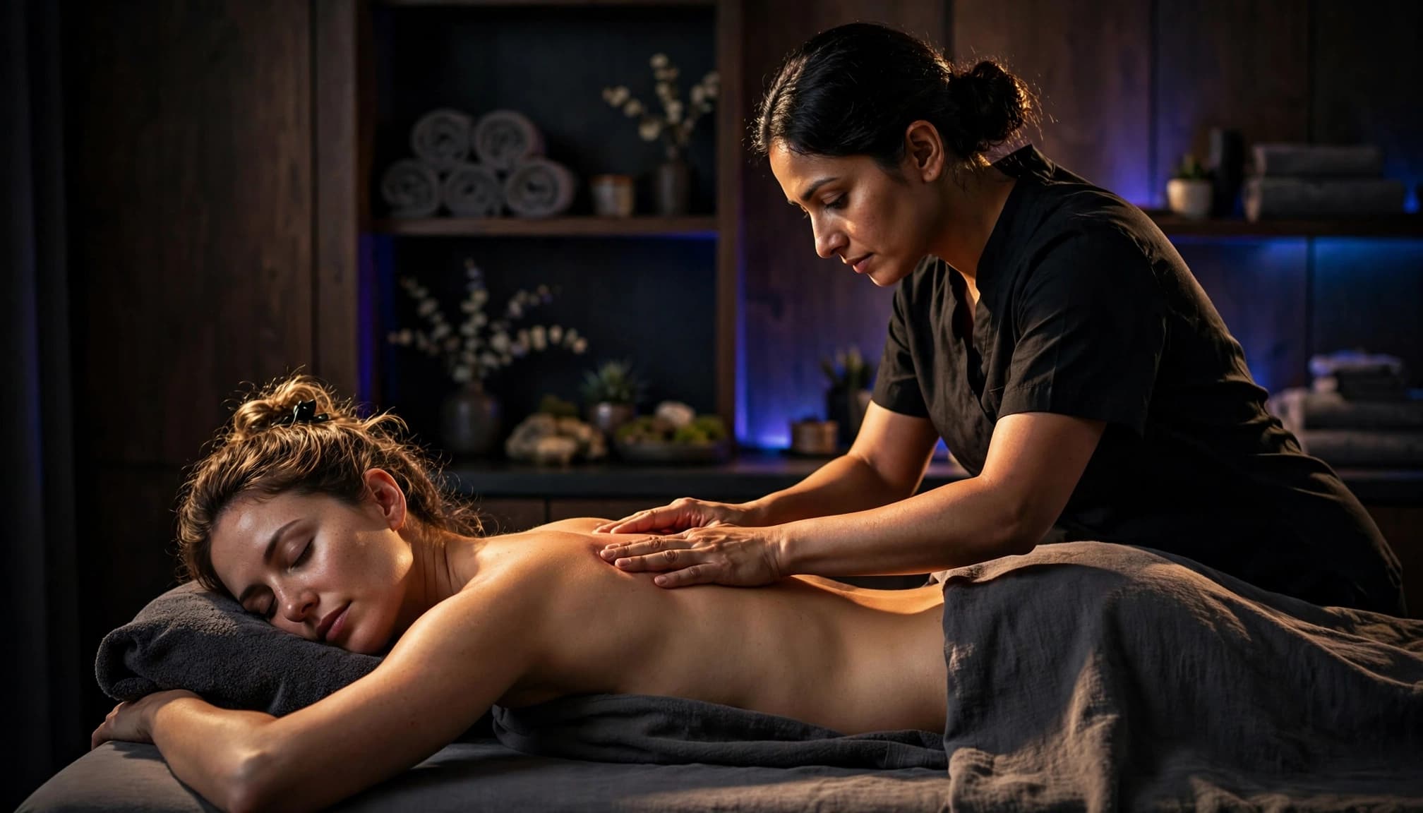 A therapist performs deep tissue massage on a client in a dim studio.