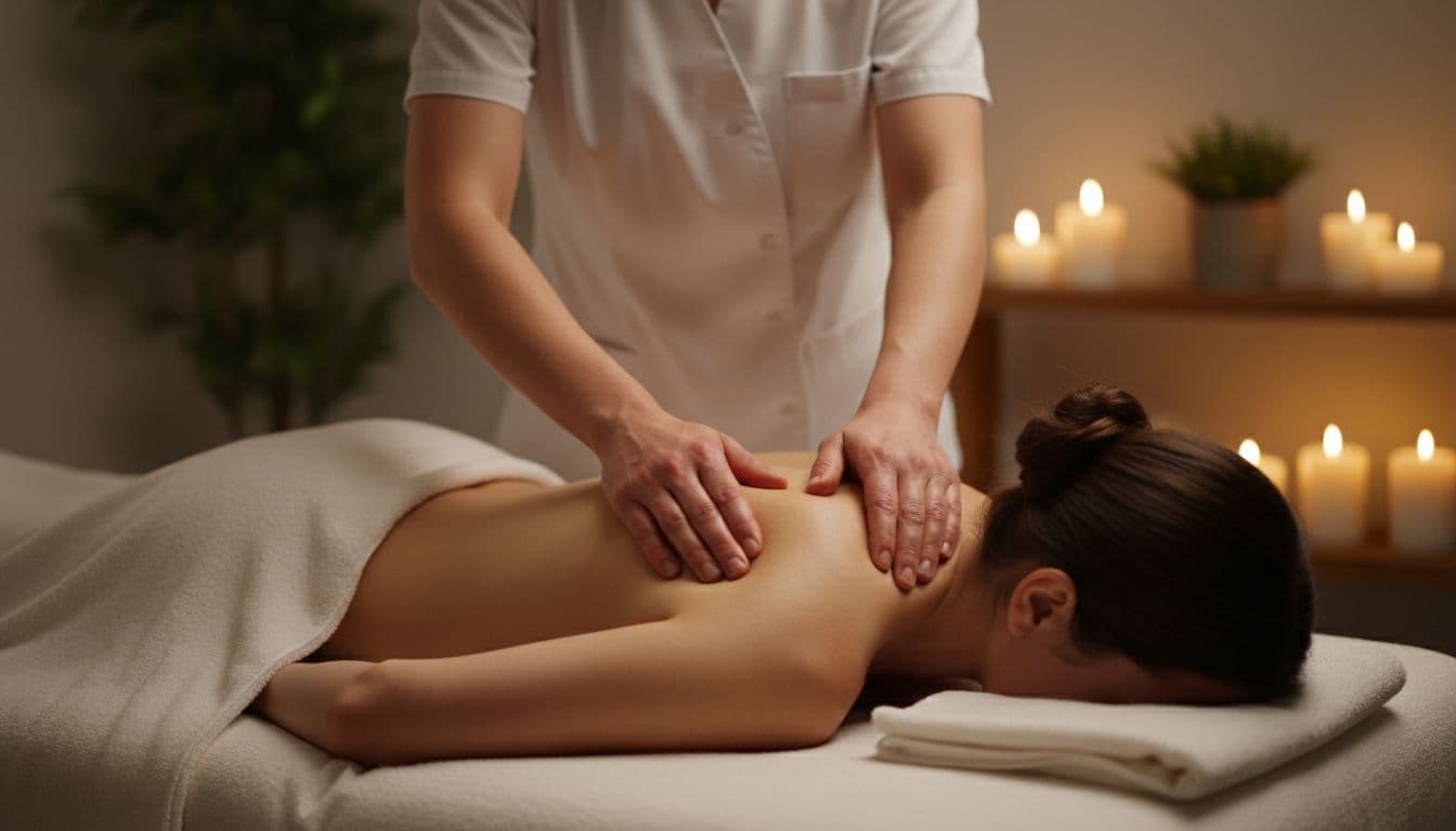 A professional massage therapist applies slow, sustained deep pressure using forearms on the upper back of a client lying face down on a spa table, properly draped, in a dimly lit spa room with candles.