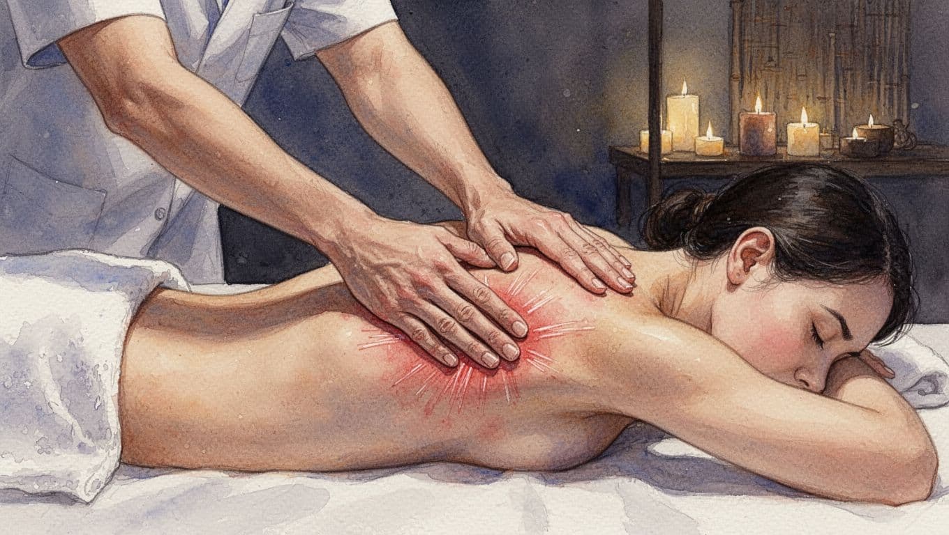 Close-up watercolor illustration of therapist's forearms applying slow, firm pressure to client's tight upper back muscles on a massage table in a dim spa room, conveying a sense of release and productive discomfort.