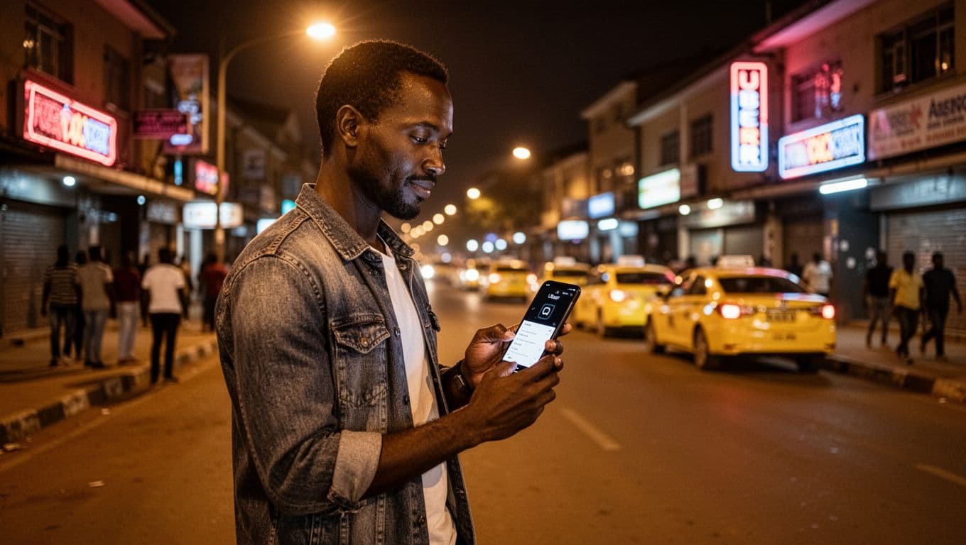 Adult Entertainment in Nairobi for Foreign Visitors at Night A foreigner confidently uses the Uber ride app on a smartphone at midnight on a well-lit street in Nairobi's Westlands near nightlife clubs, standing relaxed under warm streetlights with blurred app screen and distant neon signs.