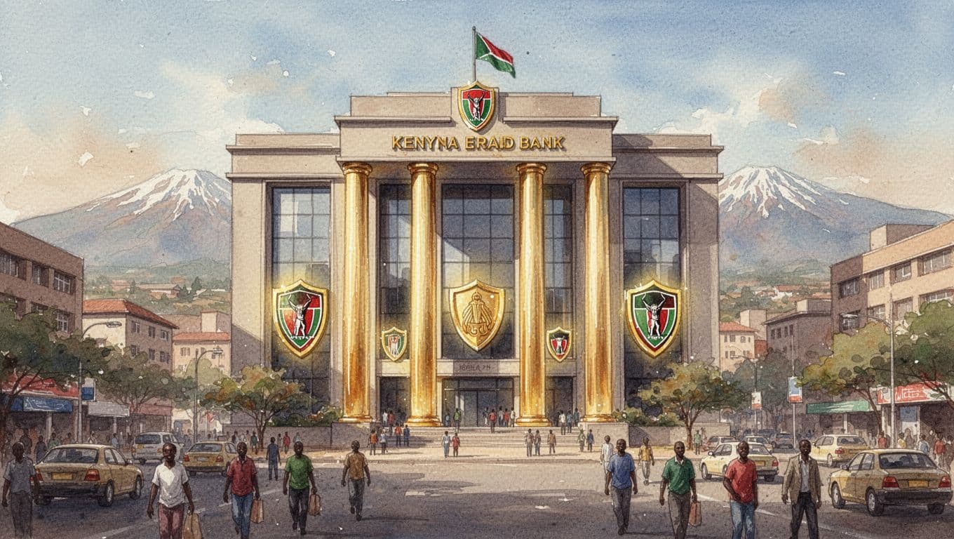 Robust Kenyan bank headquarters reinforced with glowing golden capital pillars and protective shields symbolizing strength, on a bustling Nairobi street with Mount Kenya in the background, in watercolor style with soft blending and warm daylight.