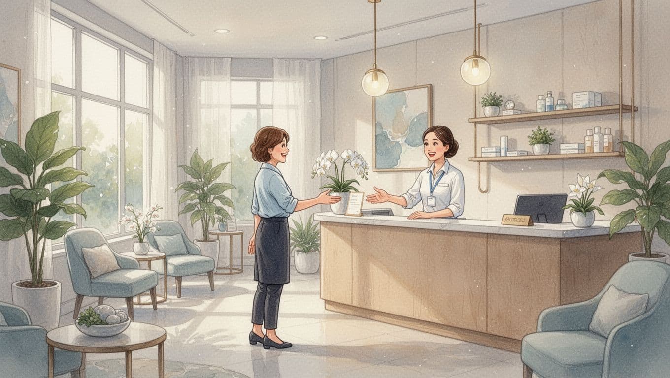 A smiling receptionist stands behind a minimalist marble counter in a sunlit spa lobby, extending a warm welcome to a female client standing nearby. Soft watercolor brushstrokes define the peaceful atmosphere.