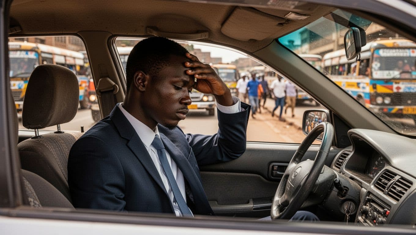 Best Full Body Massage Spa in Nairobi 2 A young Kenyan professional in business attire looks frustrated inside a car during a heavy Nairobi traffic jam, hand on forehead showing fatigue, with blurred crowded streets and matatus in the background.