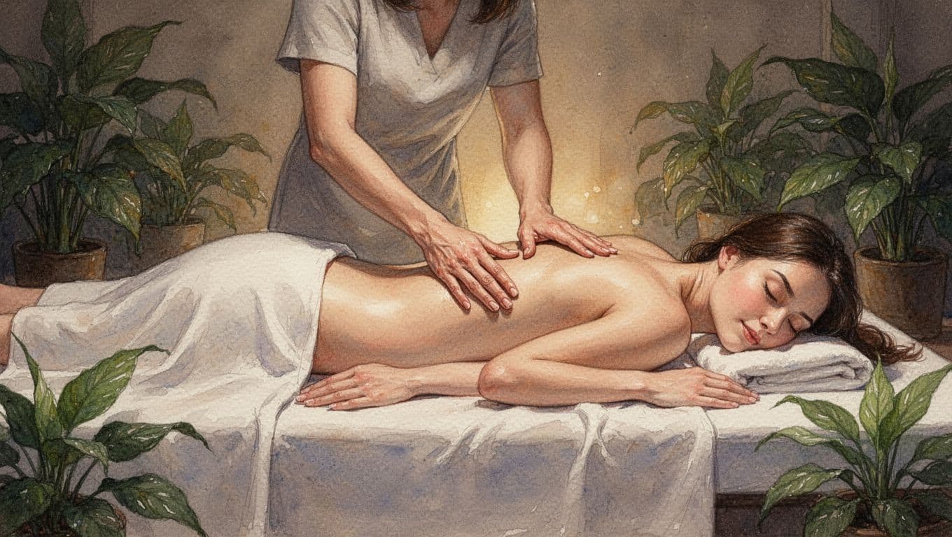Therapist applying long gliding strokes for full body massage on relaxed client face down under draped sheet in serene Roysambu spa with plants and warm lighting, watercolor style emphasizing back, arms, and legs.
