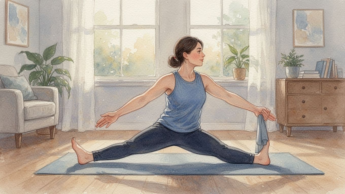 Person doing gentle hamstring stretch in a peaceful home setting after deep tissue massage, relaxed posture with good form, soft morning light, watercolor style with soft blending and visible brush texture, exactly one person.