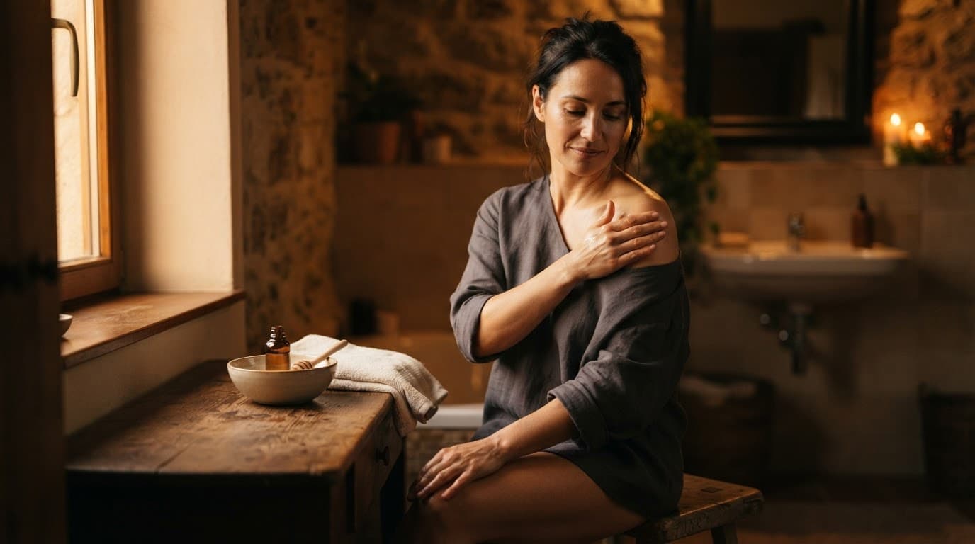 An adult gently oils their shoulder beside warm water and a folded towel.