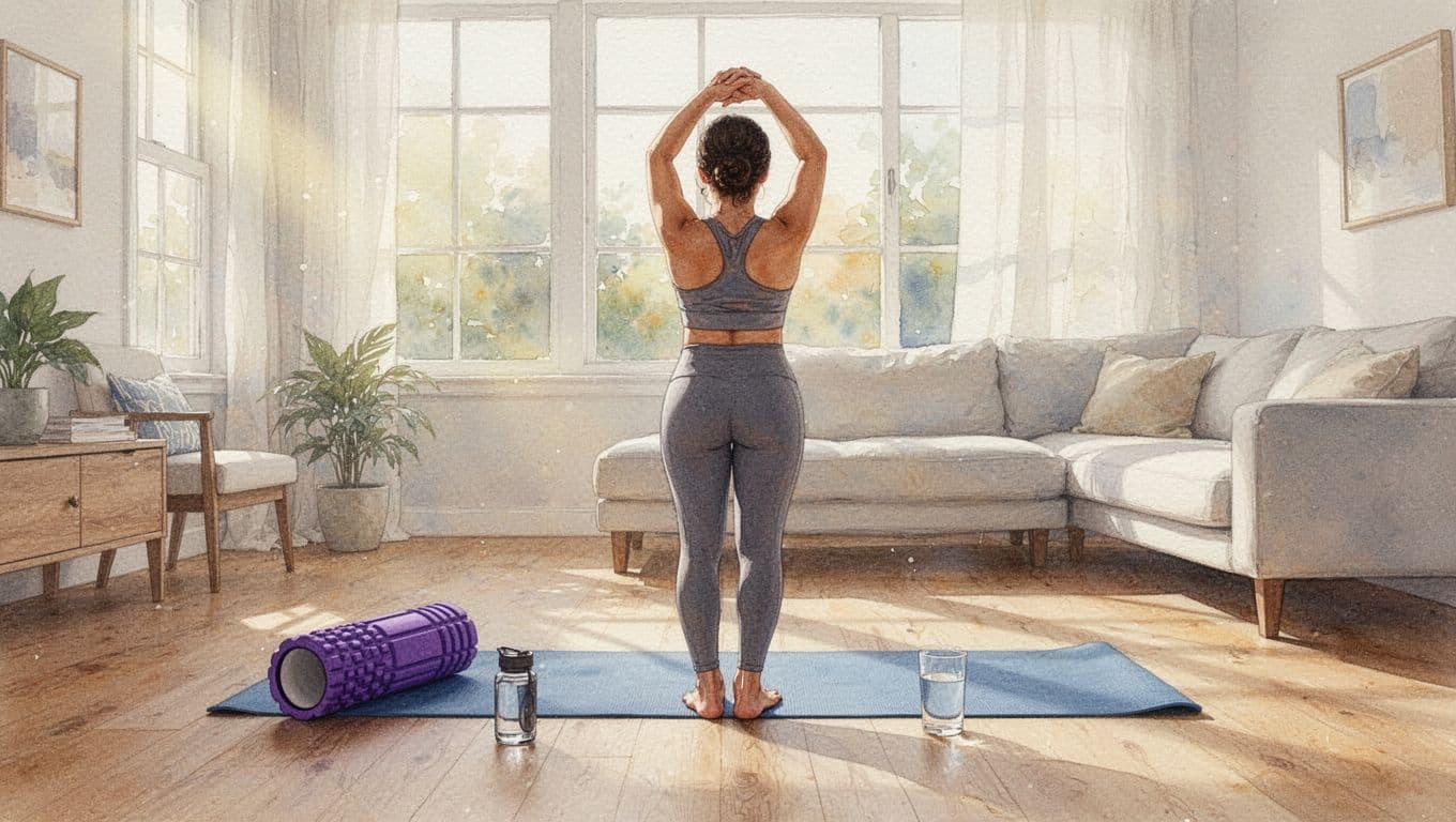 A yoga mat lies on a light wooden floor beside a foam roller and a clear water glass. Soft light filters into the room, creating an atmosphere of calm and peaceful wellness.