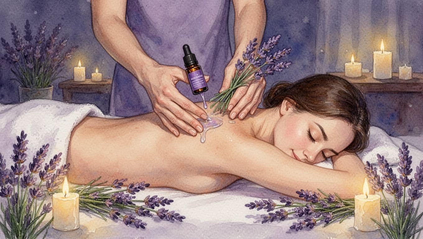 Gentle hands apply diluted lavender essential oil to the relaxed shoulders and neck of a client face down on a massage table in a dimly lit spa room with fresh lavender sprigs and soft candlelight, rendered in watercolor style with soft blending and visible brush texture.