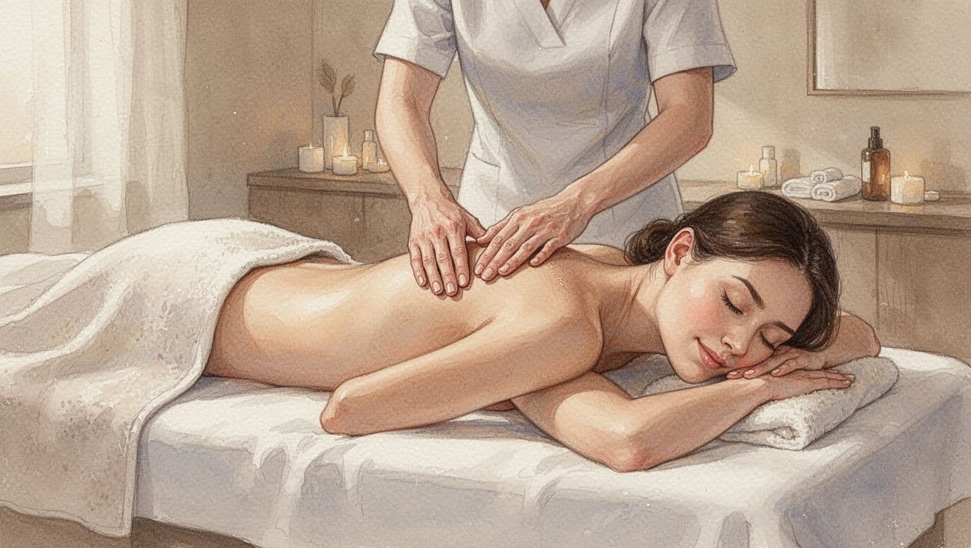 A relaxed client lies face down on a massage table in a cozy Kilimani Nairobi spa, receiving smooth Swedish massage strokes on the upper back and shoulders to boost blood flow, rendered in watercolor style with soft blending, visible brush texture, and warm neutral tones.
