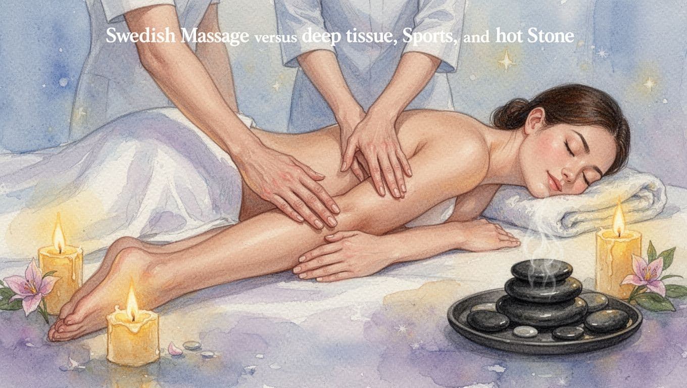 Serene spa scene with a client face down on the table receiving gentle Swedish massage strokes on their legs by therapist hands on calves, hot stone nearby but unused, illuminated by warm candlelight in watercolor style with pastel blues, lavenders, and yellows.