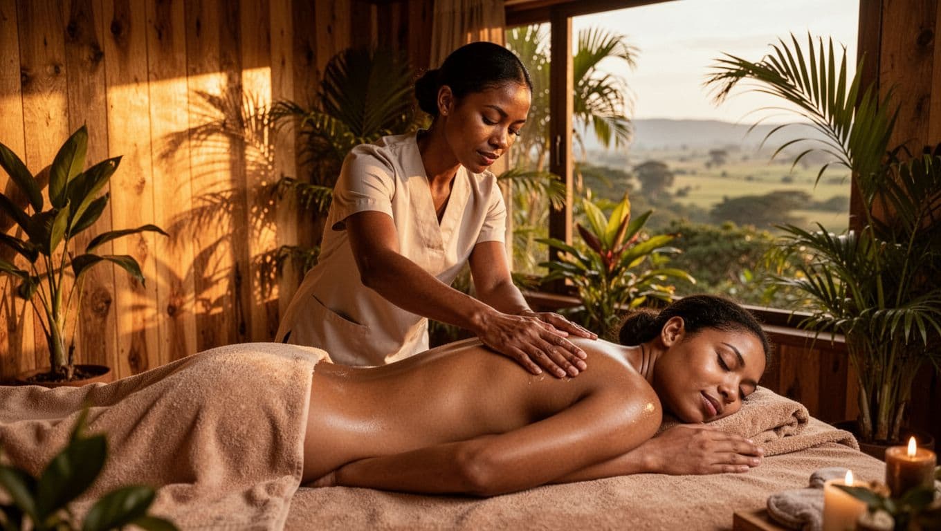 One therapist giving gentle Swedish massage with long flowing strokes on a client's covered back in a serene Nairobi spa room, featuring warm golden lighting, wooden elements, and tropical plants for a relaxed atmosphere.