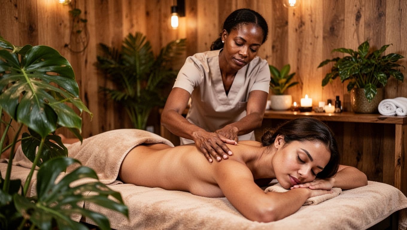 A female therapist applies gentle long gliding Swedish strokes with light pressure on the back and shoulders of a relaxed female client lying face down on a massage table in a cozy Nairobi spa room featuring wooden elements, green plants, and soft warm lighting.