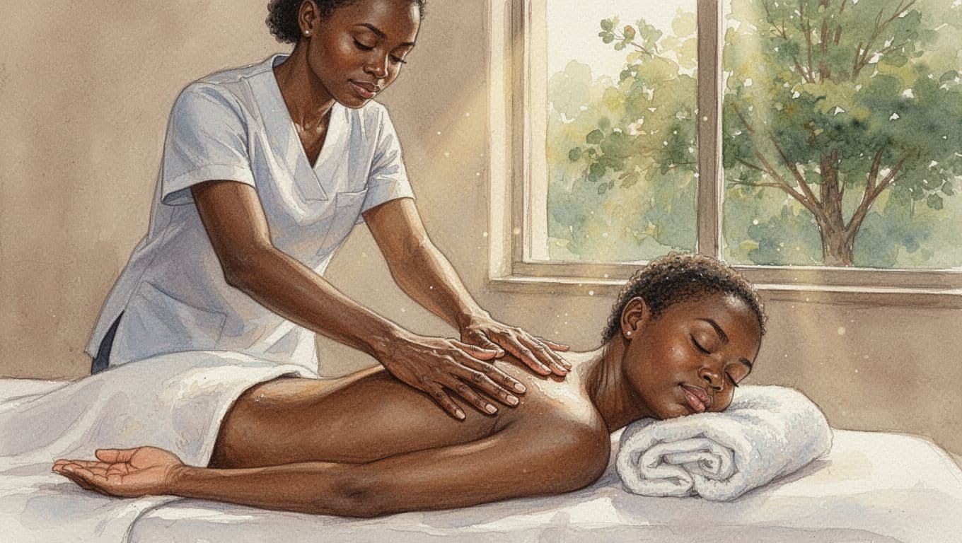 Therapist applying long gliding strokes of Swedish massage on a relaxed office worker's shoulders and back in a serene Nairobi spa with soft natural light and green views. Watercolor style with soft blending, brush texture, and warm lighting for a calm atmosphere.