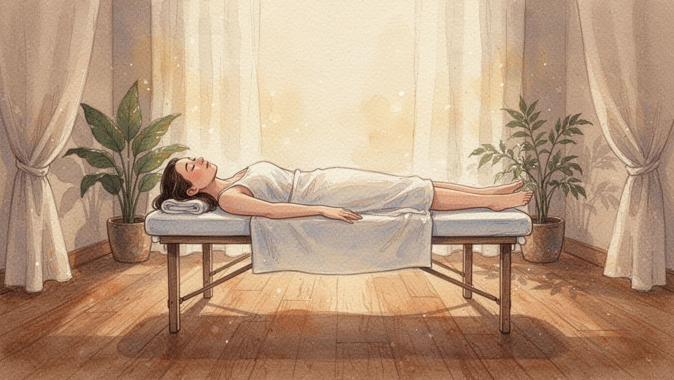 A person lies peacefully on a padded massage table while soft ambient light fills the serene spa room. This watercolor illustration features gentle earth tones and textured artistic brush strokes throughout.