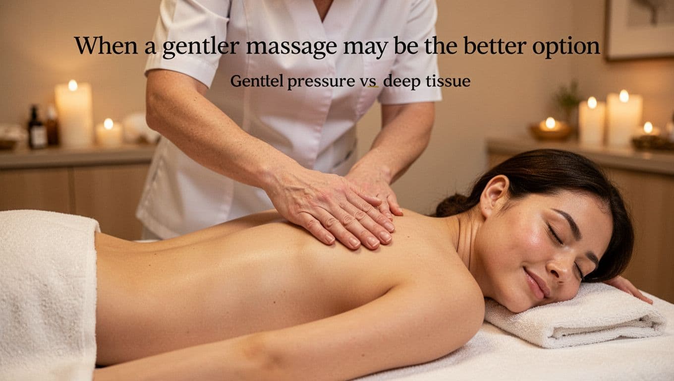 Deep Tissue Massage 8 Professional therapist performing gentle Swedish massage with light flowing strokes on a relaxed client's back in a calm spa room with warm soft lighting.