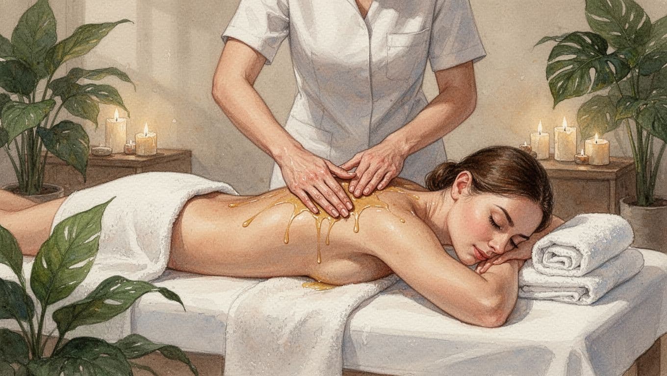 A single client lies face down on a massage table receiving a gentle Swedish massage as the therapist applies long gliding strokes and kneading on the upper back with oil in a serene spa room lit by soft candlelight amid plants and towels. Rendered in watercolor style with soft blending, visible brush texture, warm earth tones, and soft lighting.