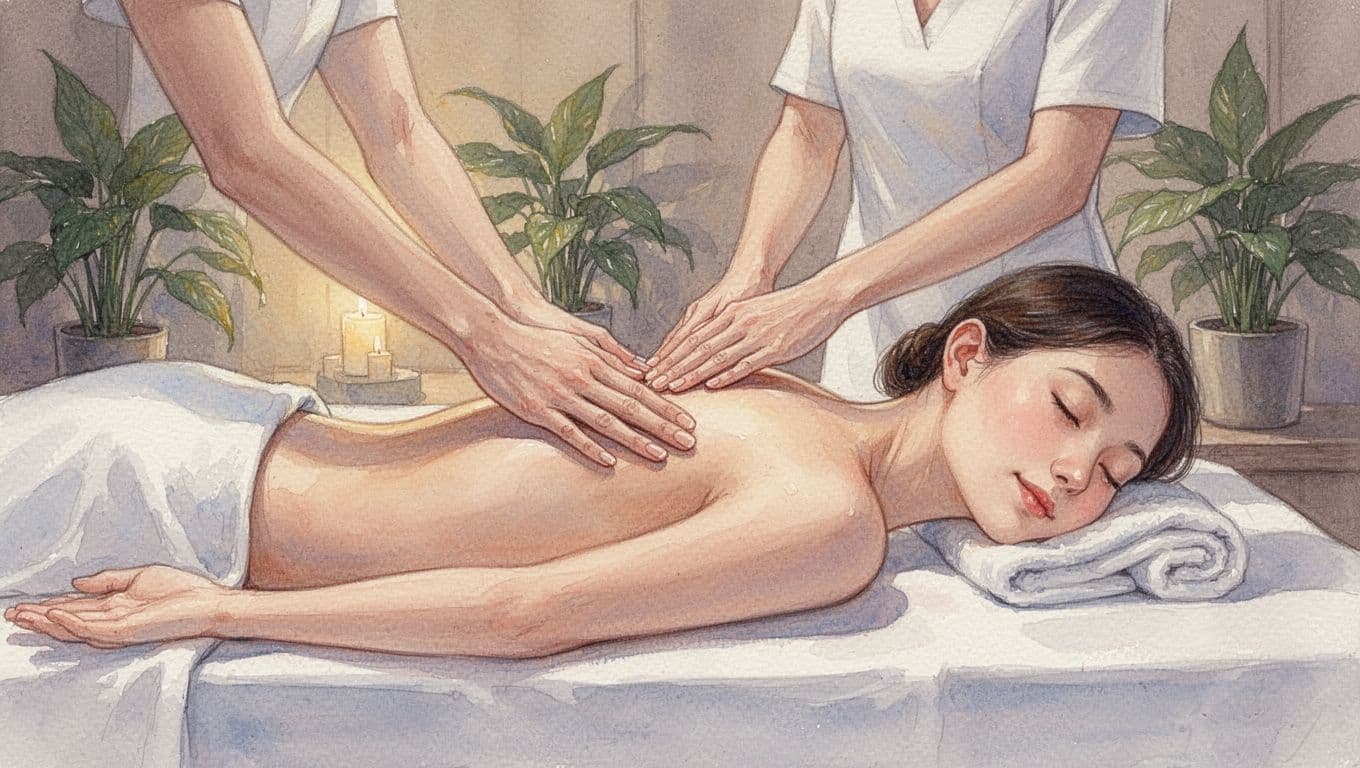 Person receives gentle back massage from therapist's hands on spa table in serene room with plants and dim lights.
