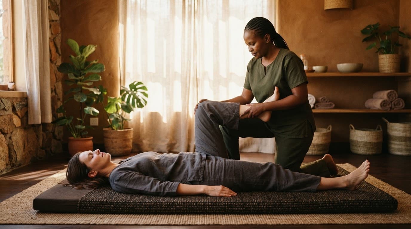 Therapist gently guides a fully clothed client through a floor mat stretch.
