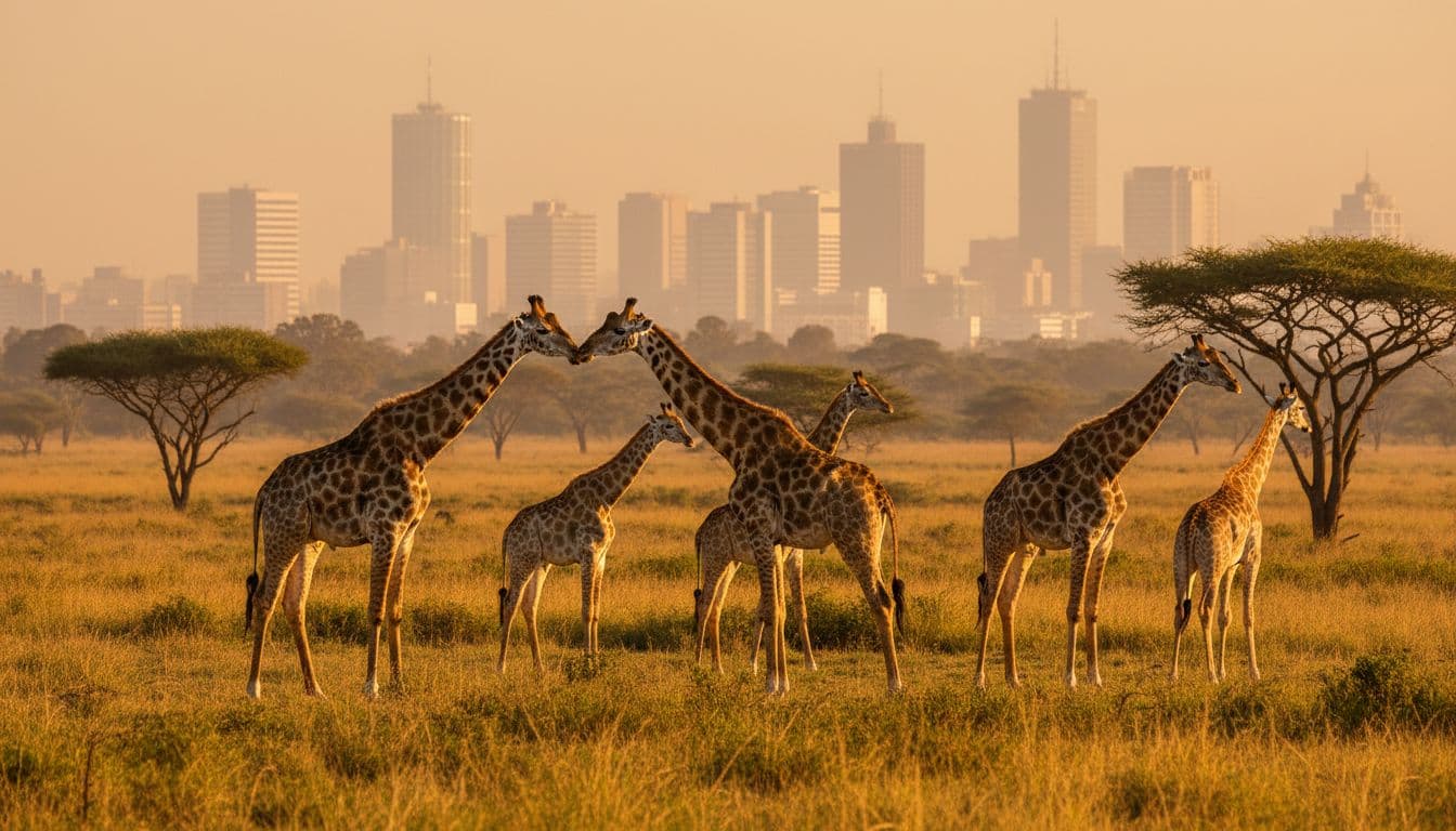 Giraffes graze peacefully on the savanna in Nairobi National Park, surrounded by acacia trees with a distant city skyline visible during golden hour lighting.