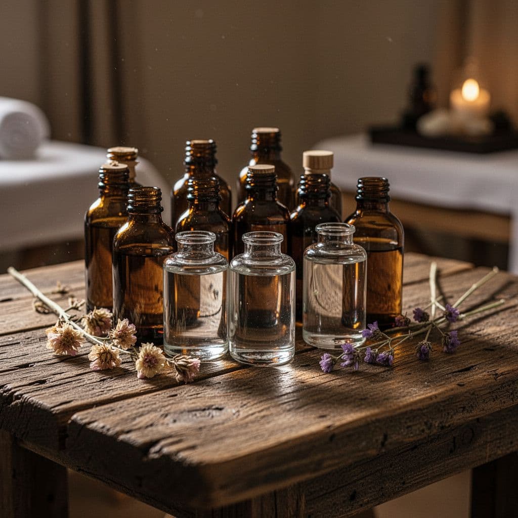 Dark amber glass bottles rest upon a weathered wooden table surface, surrounded by delicate dried flower sprigs. The warm, moody illumination accentuates the smooth textures within a tranquil spa setting.