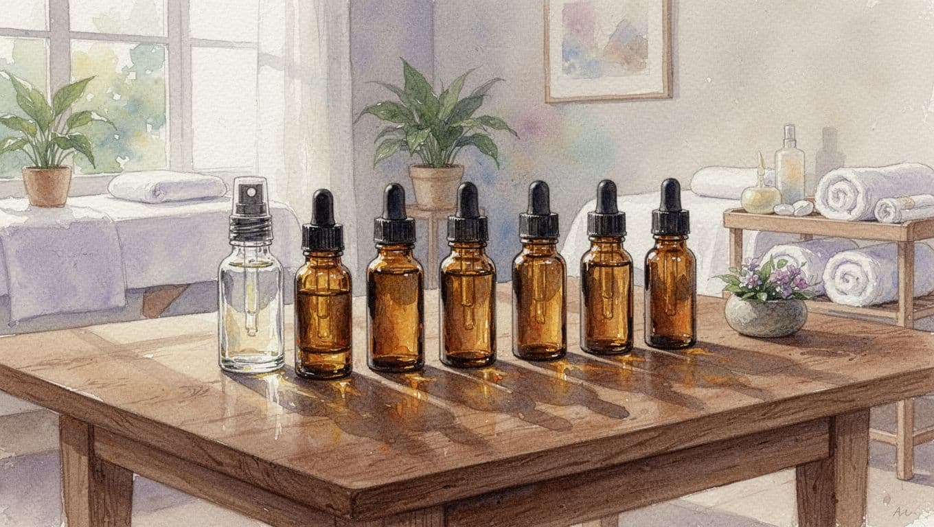 Several amber and clear glass essential oil vials sit neatly on a rustic wooden surface. The soft watercolor textures create a serene environment suitable for a professional aromatherapy massage session.
