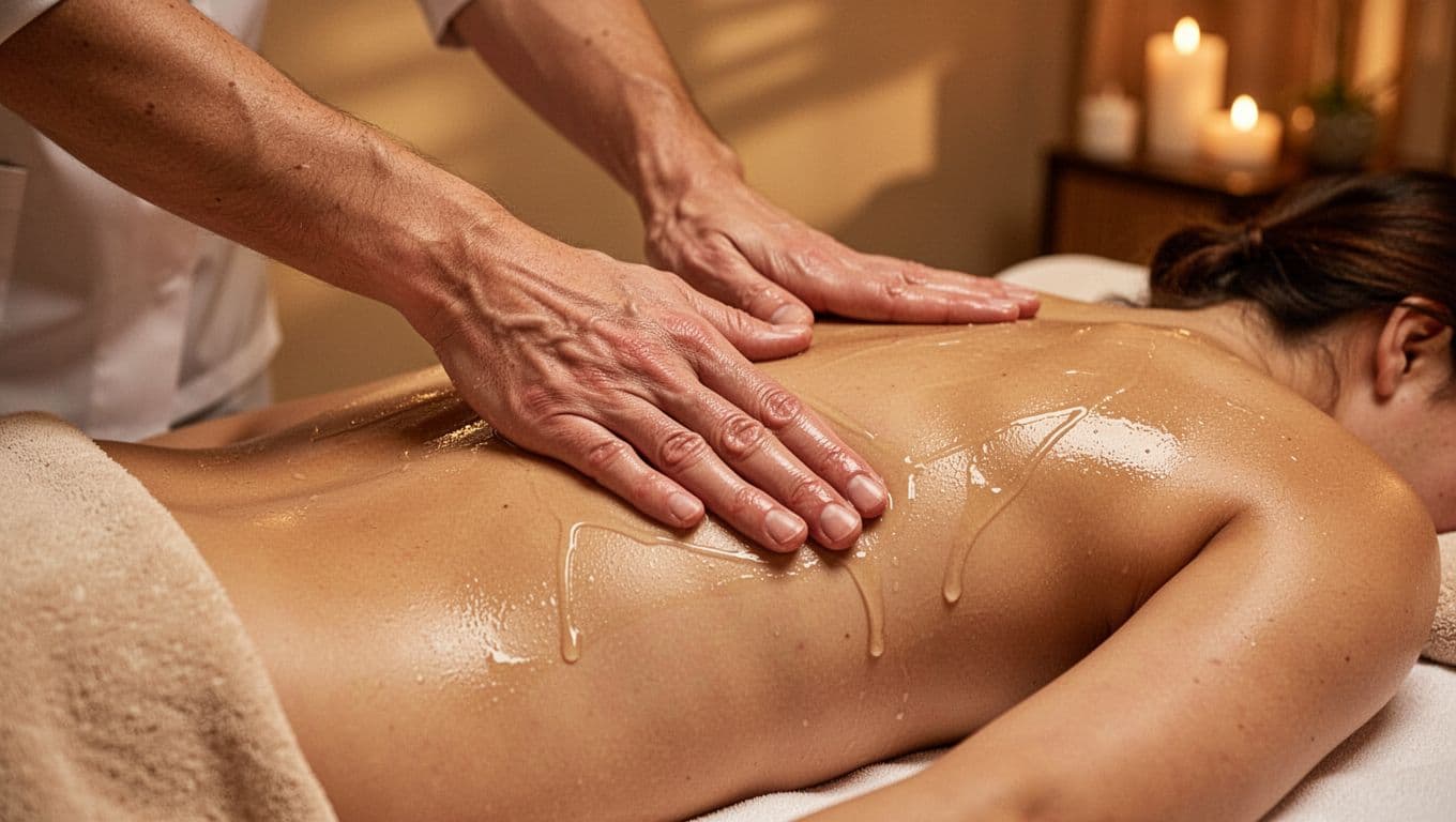 Therapist's hands smoothly gliding with effleurage strokes transitioning to petrissage kneading on a client's oiled lower back in a cozy spa room with warm lighting. Bold 'Glide & Knead' headline in a dark-green band at the top, realistic photo style focused on relaxing muscles.