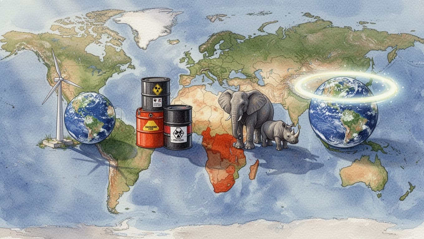 Watercolor-style symbolic icons representing the Paris Agreement, Basel Convention, CITES, and Montreal Protocol, arranged on a world map highlighting Kenya.