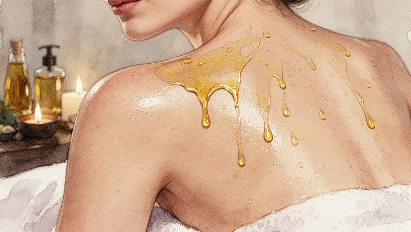 Close-up watercolor illustration of smooth, glowing, moisturized skin on shoulder, arm, and back after hot oil massage, with warm oil sheen and soft blending in a blurred spa background.