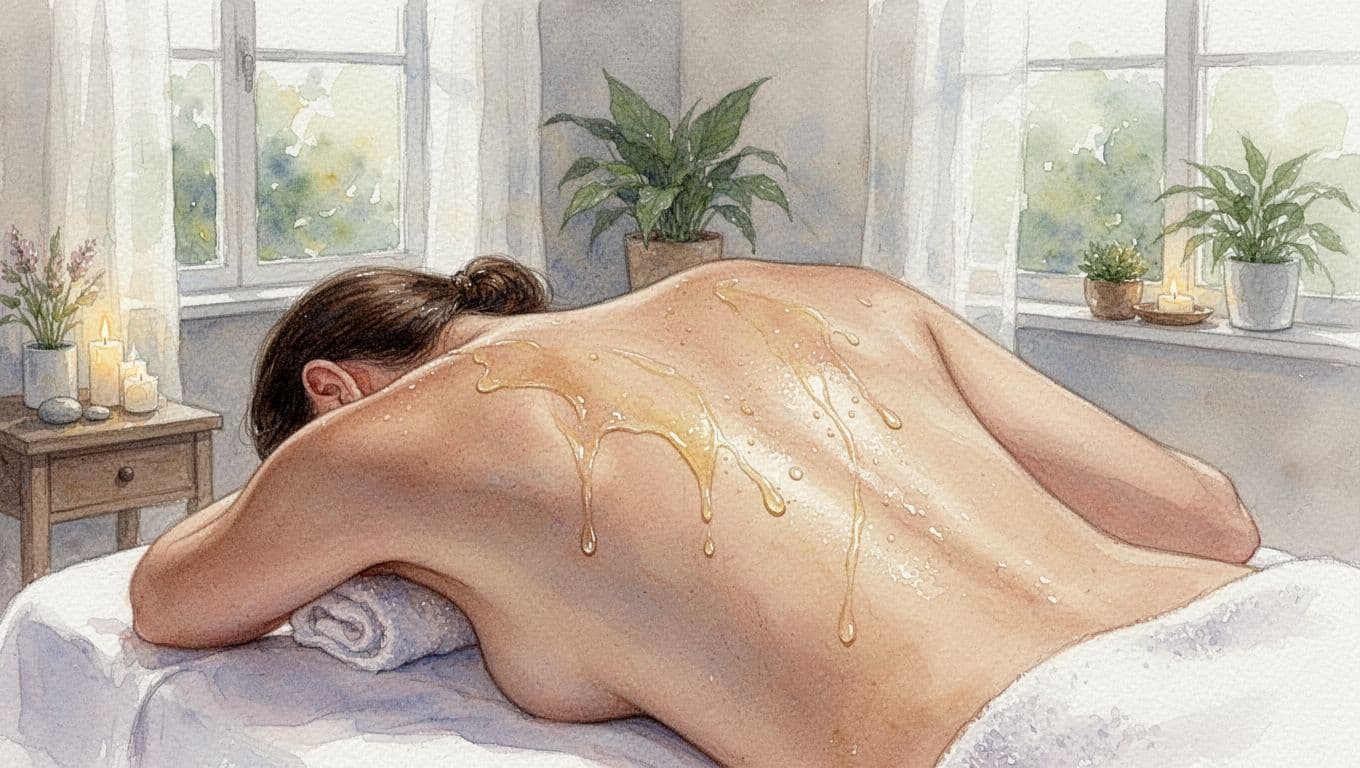 Client's upper back and shoulders showing glowing, hydrated skin with subtle sheen from sesame and frankincense oils after Somali massage, relaxed on spa table in Nairobi wellness spa. Watercolor style with soft blending, brush texture, and natural light.