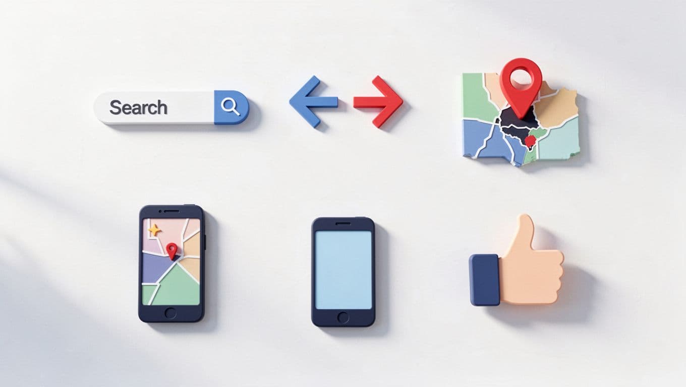 Clean infographic illustration featuring icons for key Google Ads cost factors: keyword search, competitor arrows, Kenya location pin, mobile phone, and quality score thumbs up, in flat modern vector style with soft pastel colors on white background.
