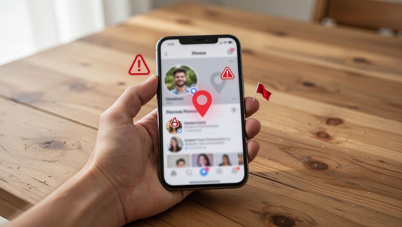A single hand holding a smartphone on a wooden table in soft natural light, with the screen slightly blurred showing abstract mismatched profile elements like inconsistent photos and vague location pins, overlaid with subtle red warning icons in a minimalist realistic style.