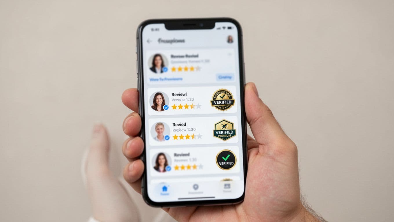 A hand holds a smartphone against a neutral background, displaying a softly blurred view of profile cards featuring review stars and badges like verified premium. Focus is on the hand and device edge in a clean modern style with soft lighting, no people or readable text visible.
