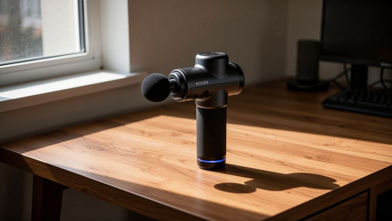 A compact handheld massager sits on a wooden desk near a sunny window.
