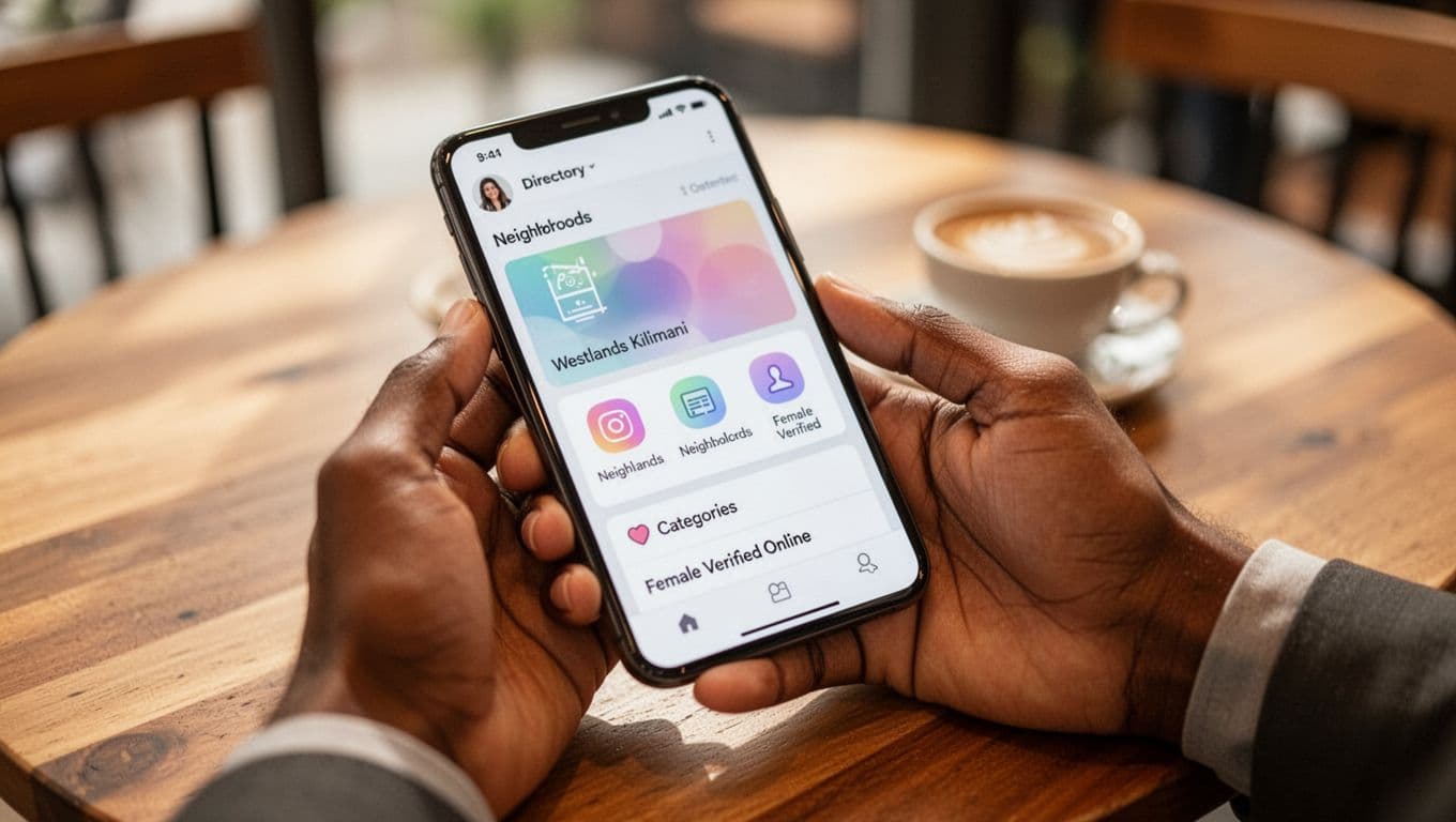 Close-up of relaxed hands holding a single smartphone on a cafe table, with the angled screen softly blurred showing abstract icons for neighborhood filters like Westlands and Kilimani, and categories such as female verified online, under warm natural light in realistic photo style.