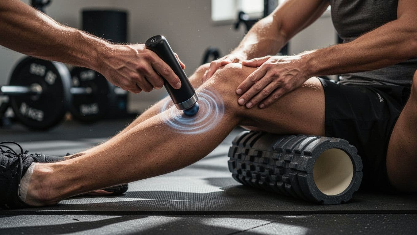 Athlete sitting on gym floor using hands-free massage gun on tight thigh muscle with motion blur pulses, foam roller unused beside, focused on leg and devices in home gym.