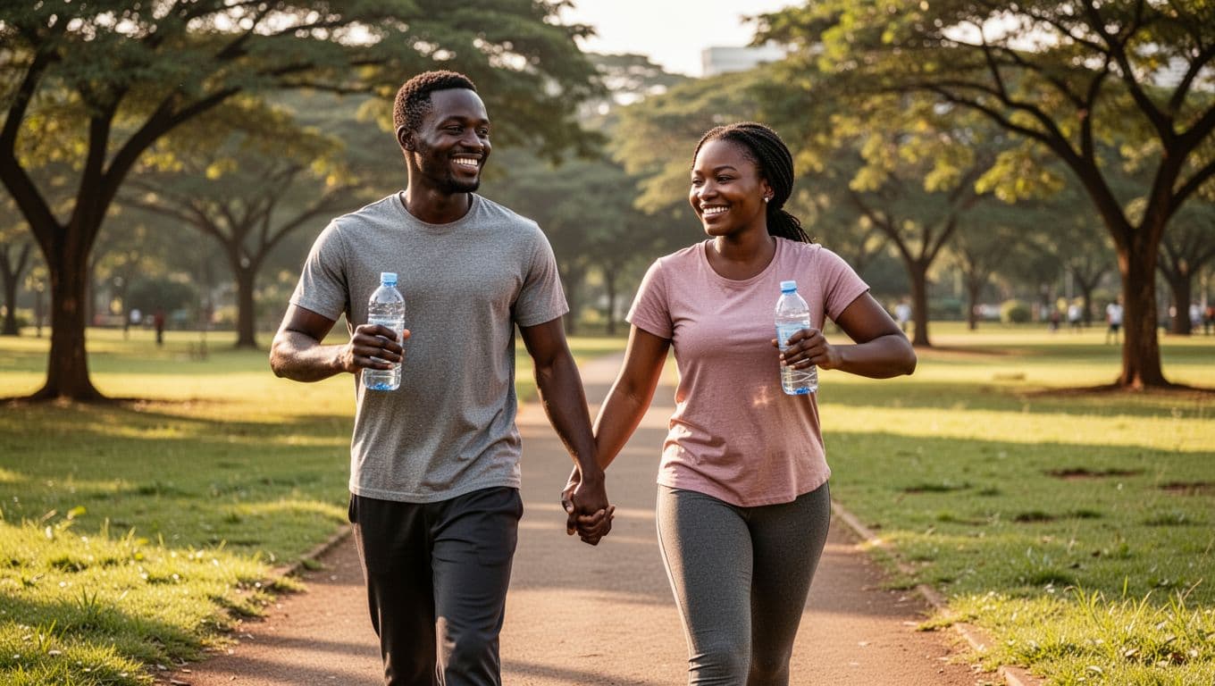 A happy couple walks hand-in-hand in a sunny Nairobi park after massage, hydrating with water bottles and doing gentle stretches with relaxed glows on their faces. Bold 'Lasting Glow' headline in geometric sans-serif on a dark-green band spans the top.
