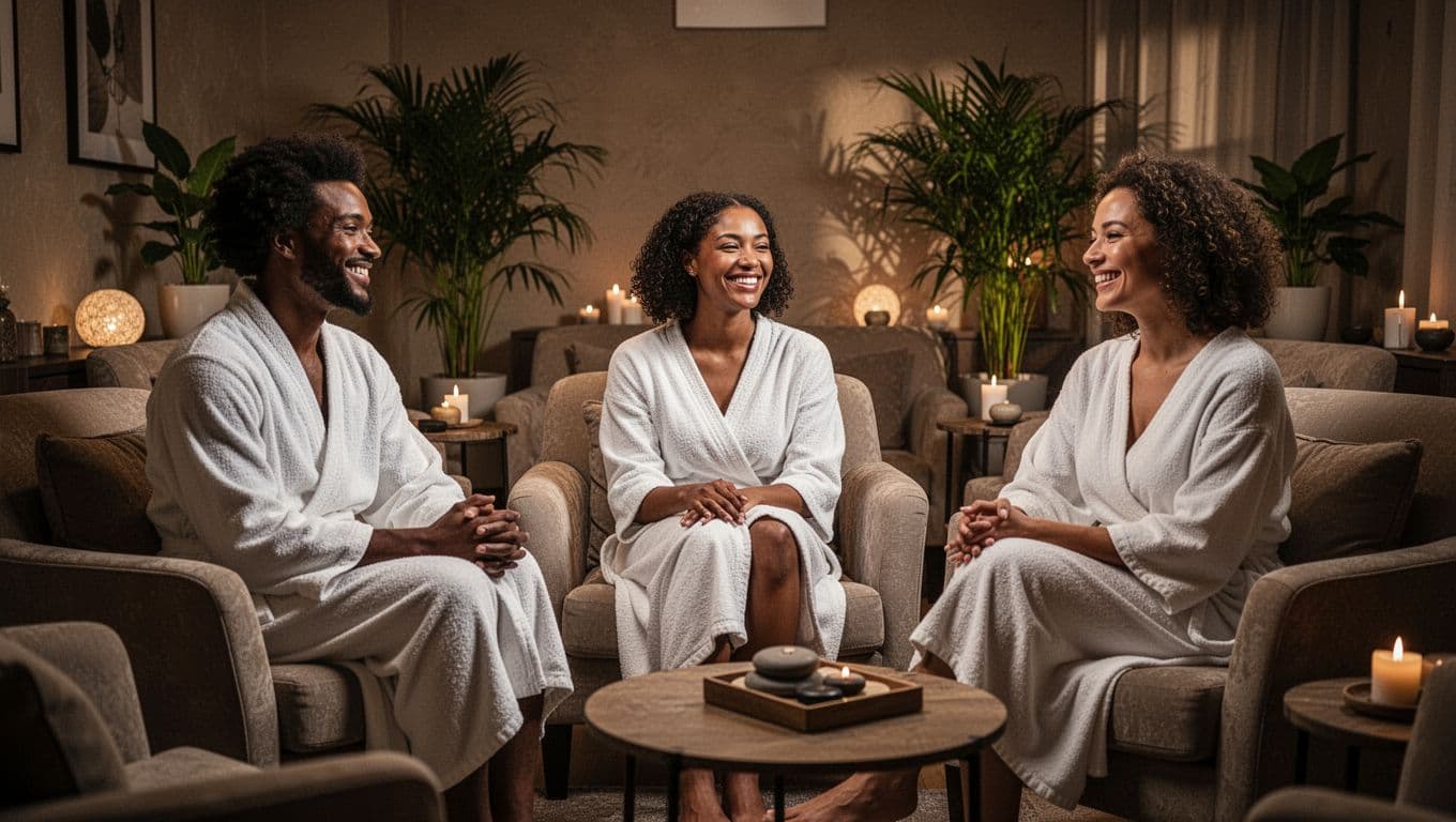 Happy diverse clients smiling and sharing positive experiences after a massage session in a cozy Kilimani spa lounge with plants and warm lights, cinematic style with dramatic lighting.