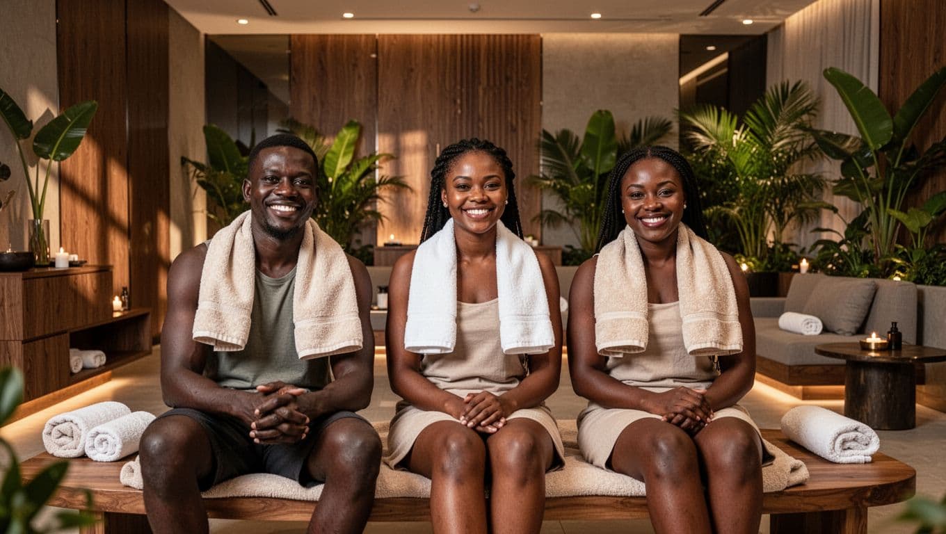 Best Full Body Massage Spa in Nairobi 9 Three diverse happy Kenyan clients—two women and one man aged 25-45—smile relaxed after full body massage, sitting in upscale modern spa lounge in Nairobi Kilimani with wooden decor, tropical plants, and warm lighting.