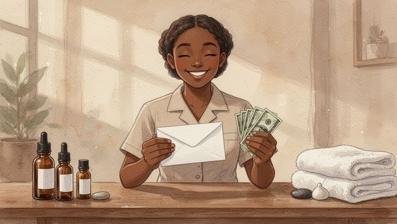 A happy female massage therapist in a cozy Nairobi spa uniform holds a paycheck envelope and a small stack of tip notes, smiling contentedly at a wooden desk with essential oils and towels in the background under warm ambient lighting. Rendered in soft watercolor style with warm earthy tones and visible brush texture, featuring exactly one person.