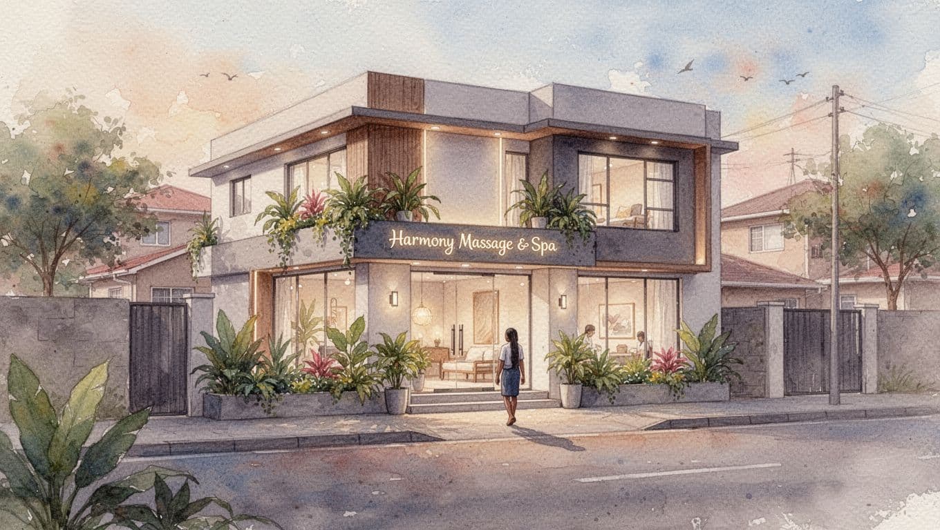 Watercolor-style image of the modern, inviting exterior of Harmony Massage & Spa in Roysambu neighborhood, featuring plants, soft entrance lighting, calm street view, and one person approaching.