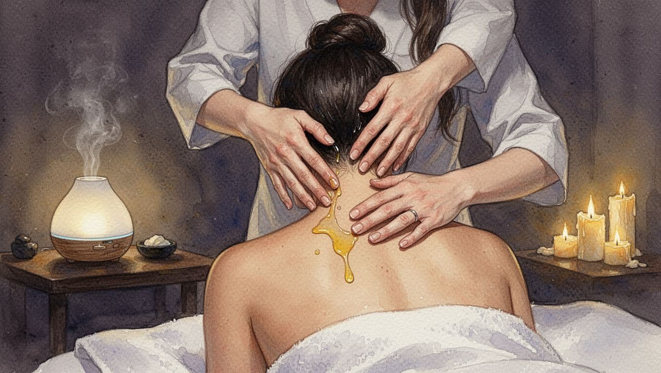 Therapist applies gentle oil massage to head, temples, and shoulders in a dim Nairobi spa with scent diffuser and candles nearby, watercolor style with soft blends and brush textures.