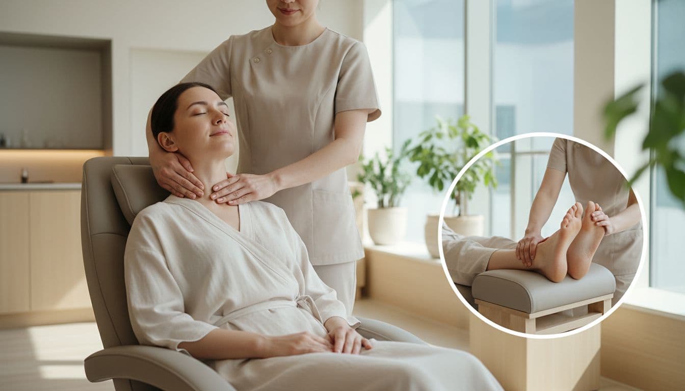 Seated client in loose top receives gentle head, neck, and shoulder massage from therapist standing behind, with foot pressure therapy on bare feet nearby, in modern spa with natural light and relaxed face.
