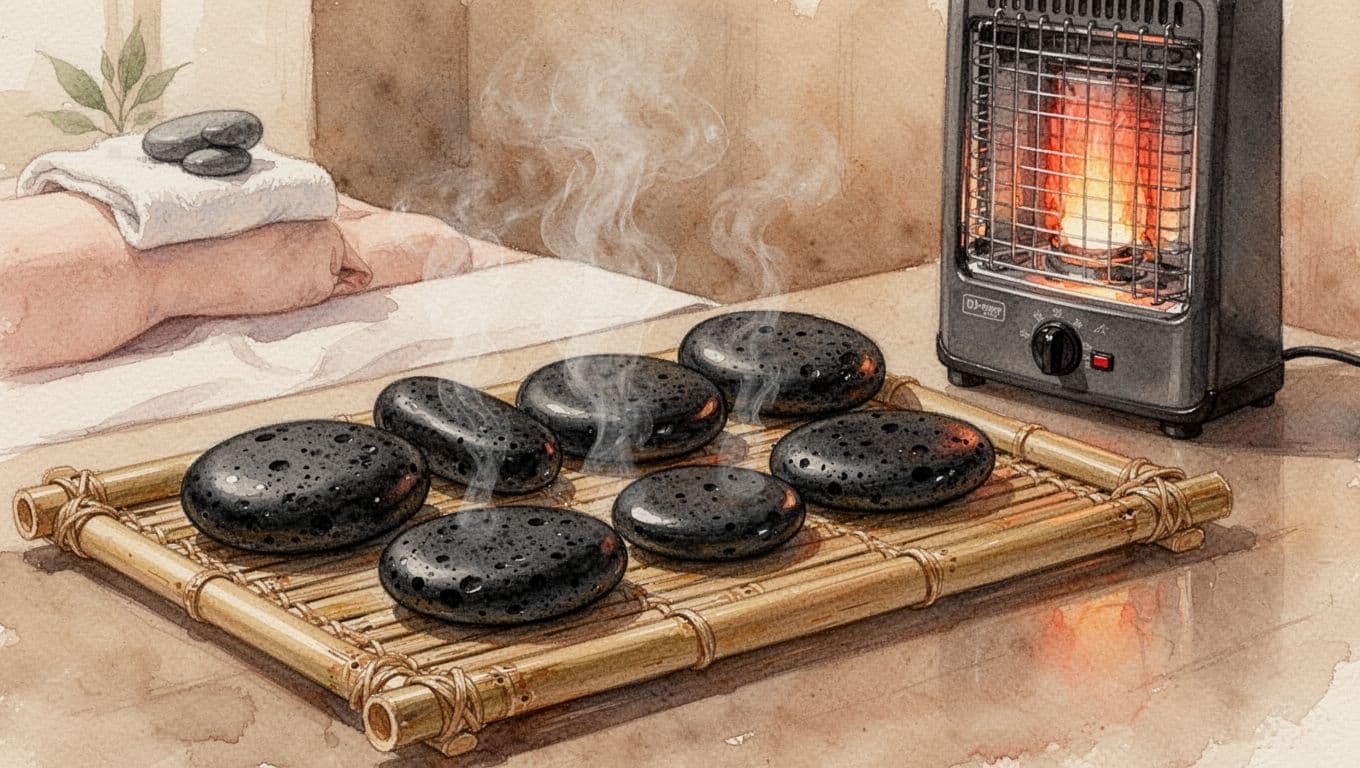Several smooth black basalt stones of various sizes, freshly heated with subtle steam rising, arranged neatly on a bamboo tray beside a small electric heater in a spa setting, close-up watercolor view.