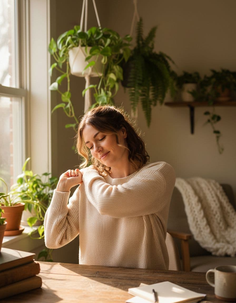 An adult takes a short stretch break at a home desk, gently rolling shoulders and neck with a relaxed expression in a cozy home office with plants and natural daylight.