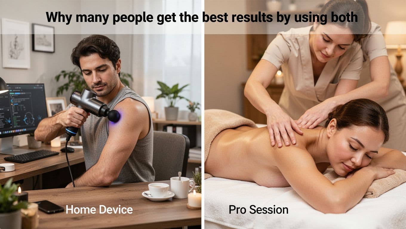 Massage Gun Guide: Benefits, Safe Use, and How to Choose One 10 Split-scene image comparing the same person using a massage gun on their shoulder at a home desk on the left, and receiving a full-body professional massage in a spa on the right, with natural lighting and realistic details.