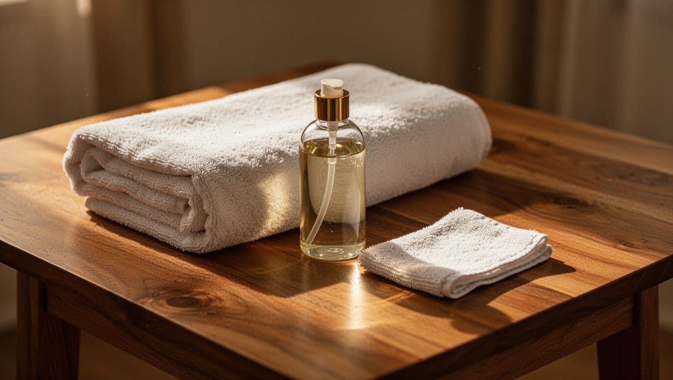 A folded white towel, a amber bottle of massage oil, and a neatly tucked cloth rest on a dark wooden surface. Soft ambient lighting highlights the serene and clean environment.