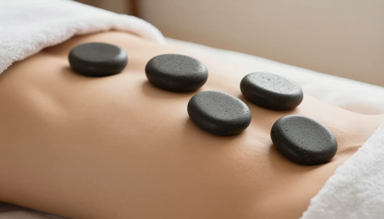 Close-up of five smooth black basalt hot stones resting on tight upper back and shoulder muscles, with subtle warm glow suggesting heat penetration and muscle softening, in a realistic spa photography style with soft lighting and blurred towel background.
